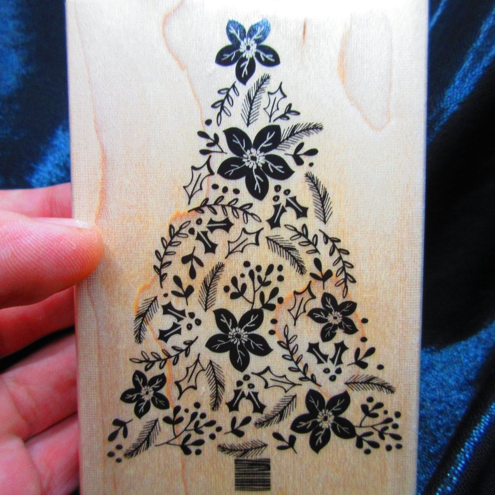 Floral Christmas Tree Wood Mounted Stamp 4" X 2.75"